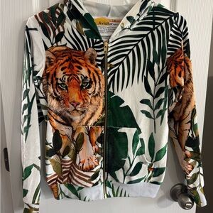Aviator Nation Tiger Print Hoodie with Green Leaves Kids 14  (like velour)
